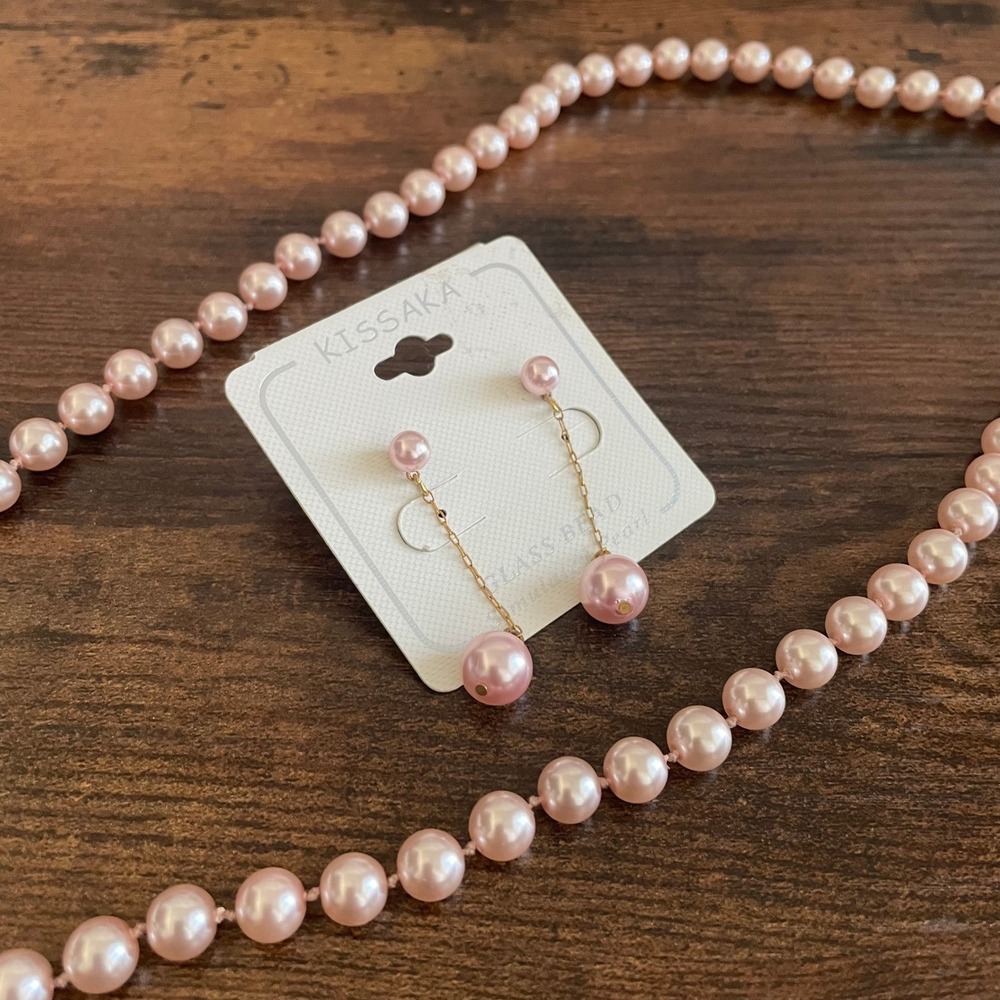 Kissaka Women Jewelry Set Pink Glass Bead Simulated Pearl Necklace Earrings OS